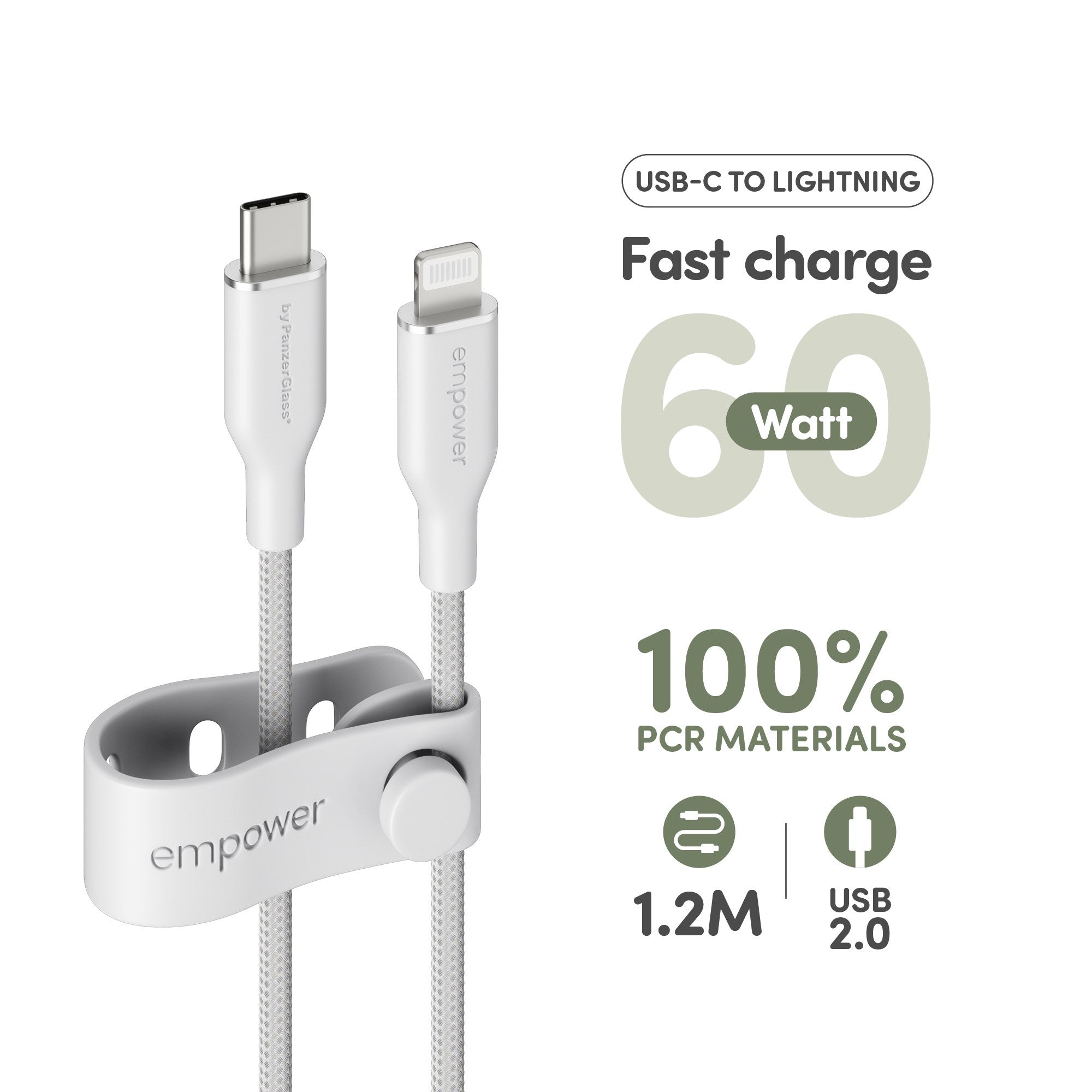 empower by PanzerGlass® Racing 60W USB-C to Lightning Kabel | USB 2.0 | 1.2M | Silber Weiss